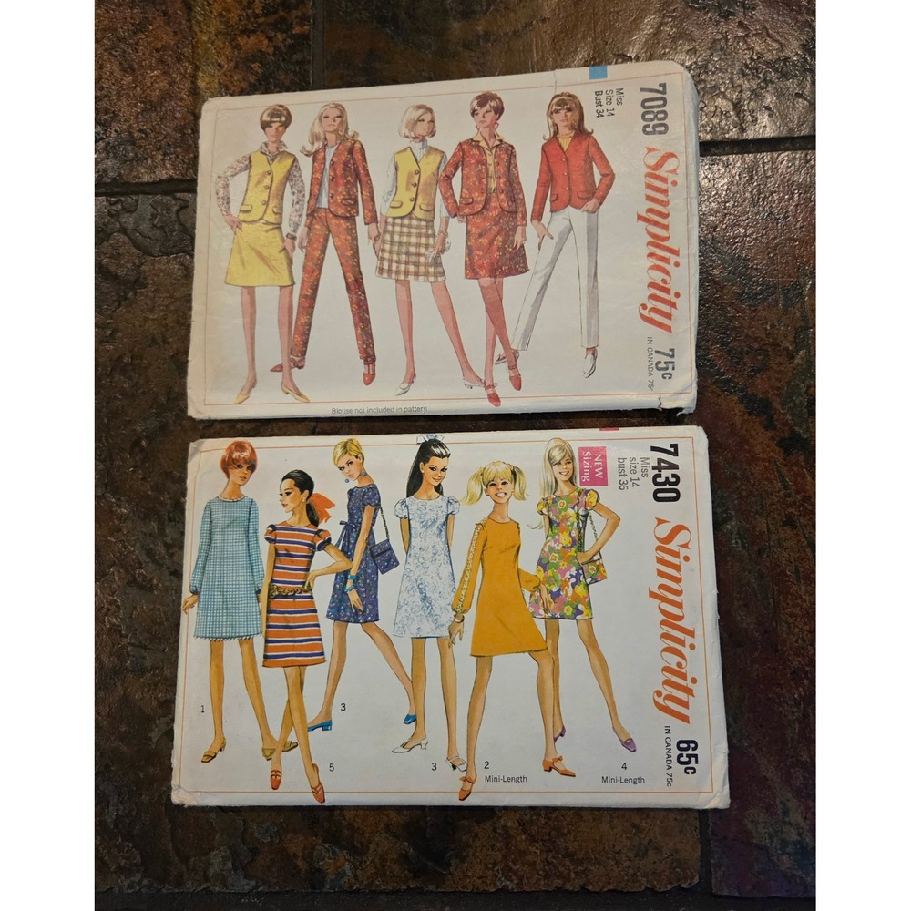 Vintage 1967 Simplicity Sewing Patterns 7089 7430 Mod Dress Jacket Pants Lot DIY